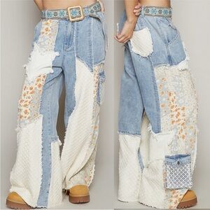 POL denim orange tweed gauze lace crochet patchwork star denim barrel Jeans